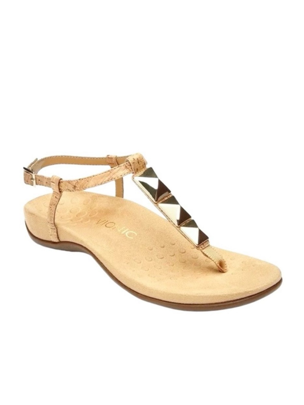 Vionic Rest Nala Cork T-Strap Orthotic Sandals Gold Studded Ankle Strap Size 8